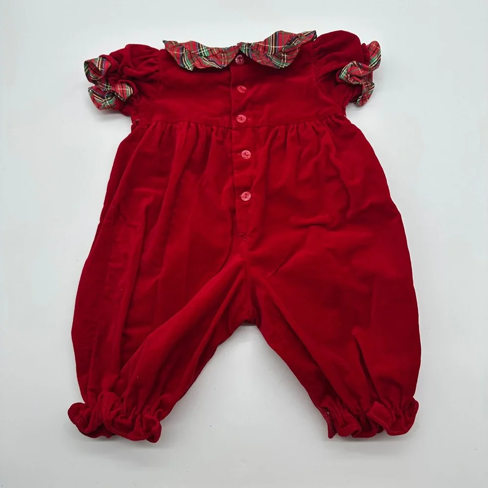 B.T. Kids Red Velvet Velour Christmas Romper Plaid Trim Teddy Bear 3-6 Month VTG